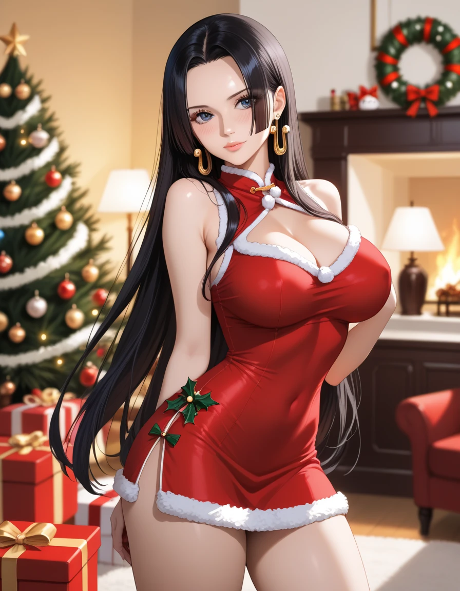 Boa_hancock, long hair, black hair, earrings, large breasts, one piece, photorealistic, detailed coloring, anime style, detailed high quality, chromatic aberrations, ultra detailed quality skin, detailed ray tracing lighting,, masterpiece、 best quality、masterpiece,  high definition , 8K quality,  perfect face, 1 girl, beautiful face, beautiful detailed eyes, Alone,  cute face、nose blush, red cheek,  large butt, looking at viewer, cleavage, closed mouth, standing, hair slicked back, collarbone, Staring at the viewer, (Christmas costume, Cheongsam, mini skirt,), ass line, standing, sexy pose, sensual expression, sensual pose, blurry background, covered nipples, festive decorations, twinkling lights, decorated Christmas tree, cozy indoor setting, warm color tones,