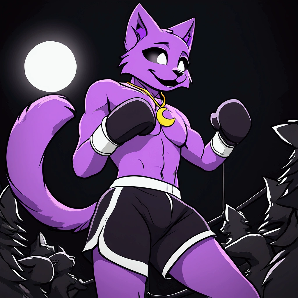 a shirtless anthropomorphic male purple cat with black eyes and white pupils, black mouth, wearing boxing shorts and boxing gloves, lifting the gloves to his face, standing in a fighter pose and throwing a punch, in a night scene with a moon necklace, with a fit, athletic body, smiling and surrounded by little animals, best quality,4k,8k,highres,ultra-detailed,vibrant colors,highly detailed,award winning digital art,intricate details,dynamic composition,