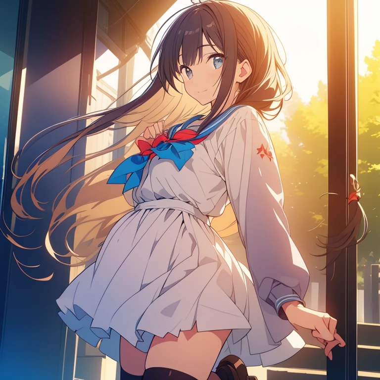 Masterpiece,high school,smile,Are standing,1 ,girl has long hair,Brown Hair,はにかんだsmile0.5,uniform,cute,White skin,summer,blue sky,One girl,One boy,Face Focus,Soft Light,Brown eyes,men and women,Put your hands around your back