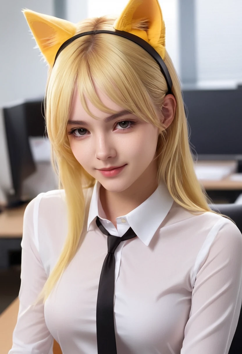 nsfw, masterpiece, (best quality:1.2), (sharp focus:1.2),, 1 girl, slim girl,, (blonde|light_yellow hair), cat ears,, detailed face, young|cute face, blush, evil smile,, natural breasts, thin arms,, white collared shirt with black tie, black choker,, in a modern office, indoor