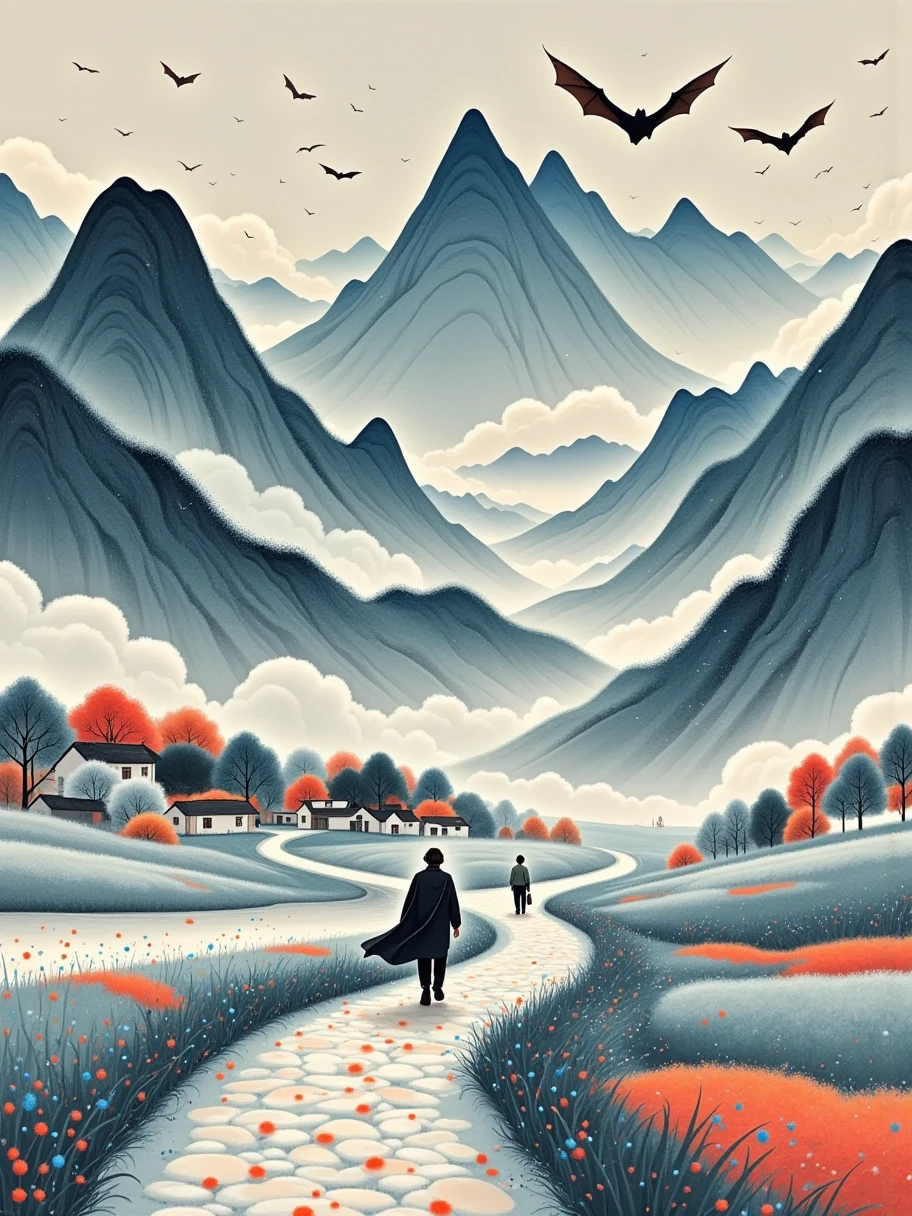 Fluid watercolor, artistic conception, vastness, distant mountains made of felt material, small path, clouds and mist, small village, people returning home, Ye Ruikun, Gu Yuan , line illustration, frosted texture, dazzling light and shadow, color particles, extensive ink splatter effect, minimalist composition, elegant background,  Hellbringer ，Red Eye，Crescent ，Hamburger，pumpkin，Close-up of a bat，一名持剑的女孩与vampire， black cape， bikini，Glitch Punk Girl， porcelain white skin ，vampire， smooth and transparent white skin ，Thin legs，Small waist，small buttocks，Broad shoulders， Beautiful Clavicle ， Surrealism，Plump bare breasts， upper body，穿着 bikini，Tattoo，Red Eye， Gothic art style ，(( bat wing ))， epic fantasy art style ，贵族优雅的vampire女孩，and mumford，Tom Bagshaw， dark fantasy art ， epic fantasy art style ， dark fantasy art 风格， epic fantasy art style 高清， dark fantasy art ， perched on cyberdragon ，vampire少女调查下面广袤的网络大都会， blends neon lights ， shows her technologically enhanced body ， She put up an eye-catching one The pose ， A fusion of ancient legends and future visions ， seems ready for action ， ，Perfect location ， cityscape ，（vivid neon lights：1.5），（quantity：1.25），environment：Panorama of the city ，Bats fly across the skyline，（whole body：1.8），Magazine Photography， cute girl figure 