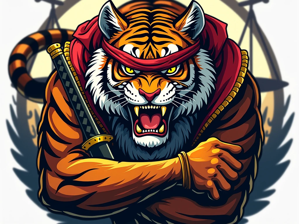 Stylized three color design, vibrant tiger face, roaring loudly, big sharp teeth, open mouth, fangs, The tiger appears to be on fire, smokeless fire, 2D, flat, surreal, beautiful woman wielding two swords on one knee nexy to tiger, style of Ed Hardy, bold lines, solid background 