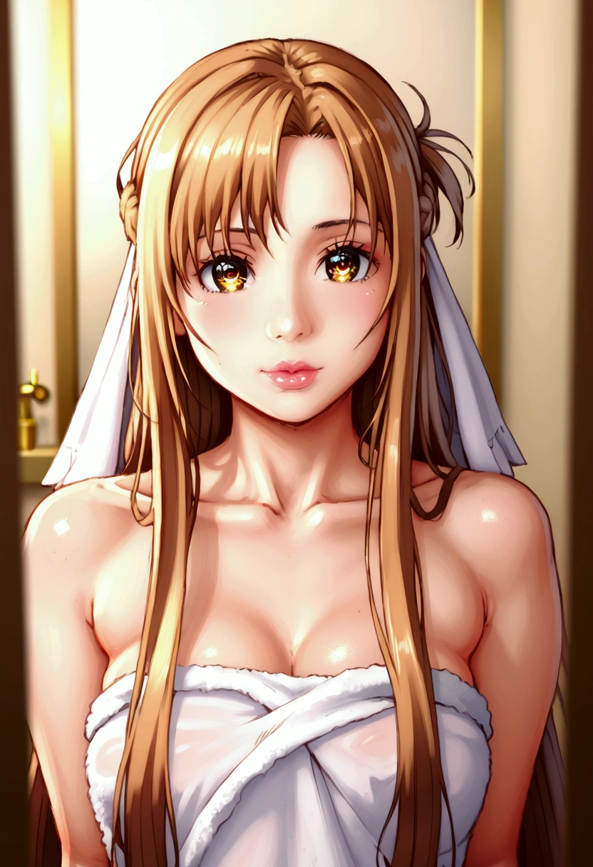 a beautiful detailed portrait of Asuna, a cute anime girl, wearing only a towel in a bathroom setting, standing in front of a mirror, extremely detailed face, beautiful detailed eyes, beautiful detailed lips, detailed skin pores, intricate detailed facial features, high quality, realistic, photorealistic, HDR, 8K, masterpiece, studio lighting, vivid colors, bokeh