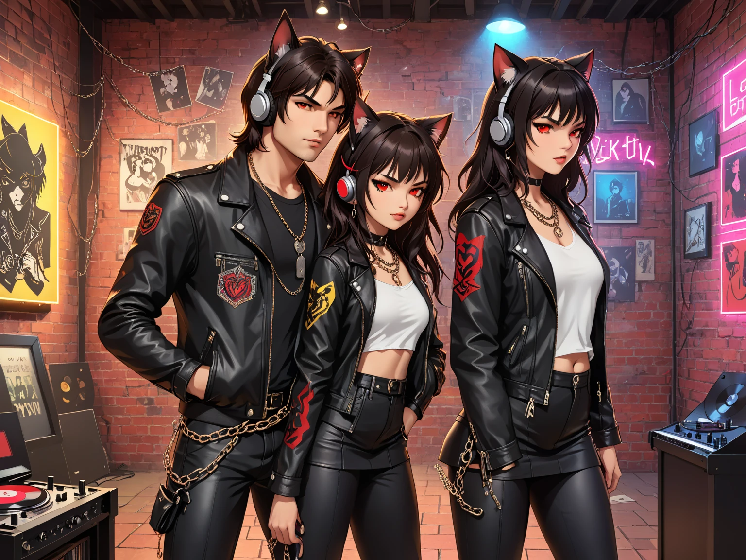 (A male and female couple ),  score_9,  score_8_above,  score_8, 1 girl, mature female, Alone, junkotvvxl, black hlong hair ,  straight bangs , large headphones ,cat ears, red eyes,source_animated, mini leather skirt,  thick thighs,  wide hips , casual black clothes,white blouse, brasier,  black leather jacket  . , 1 young person, male, Alone, focus, neocruz, black medium hair, brown hair ,messy hair, brown eyes,source_animated,( Rocker style leather jacket and pants, with small chains in the pockets), with a background of ( vinyl records on a brick wall), music studio ,(neon lights), ( stylized collage ), ( LegendDarkFantasy ,, memphisstyle-6750 )