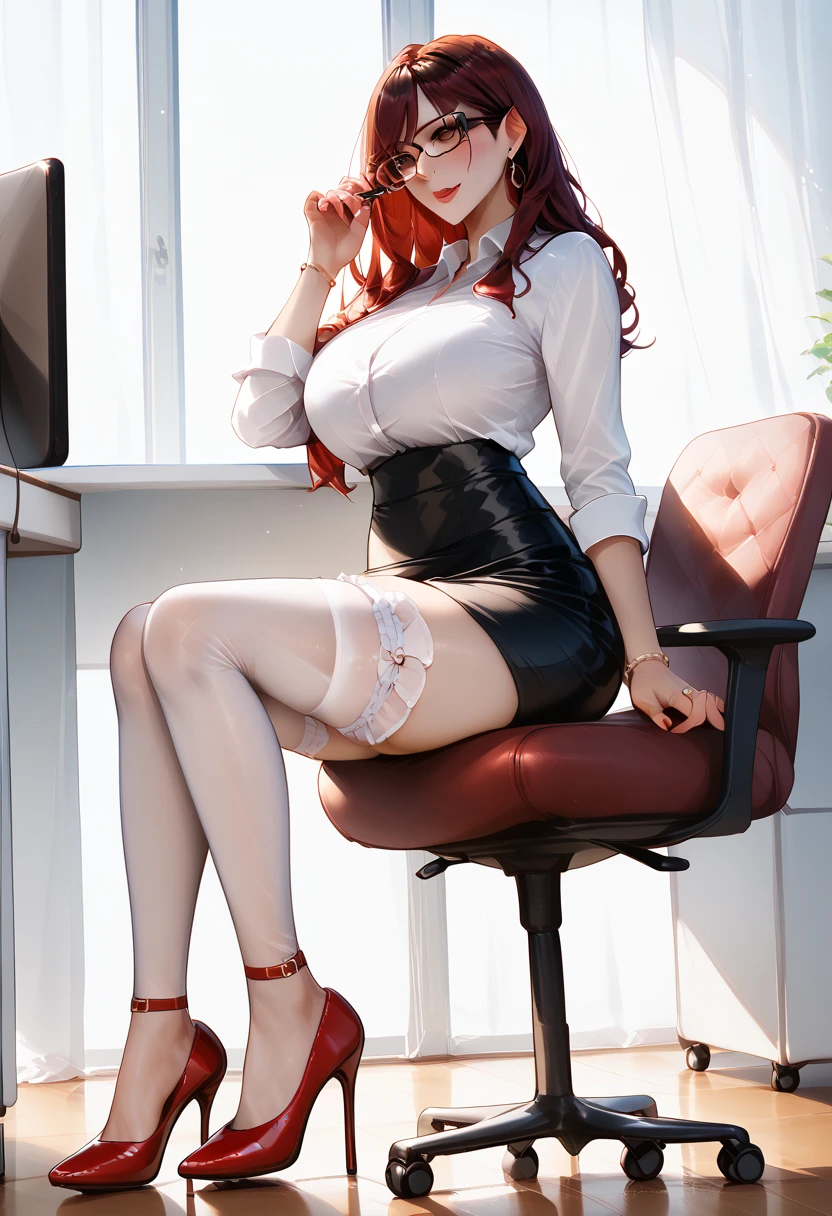 photorealistic, indirect lighting, volumetric light, ray tracing, hyper-detailed, best quality, ultra-high resolution, HDR, 8k, beautiful Slavic girl, long red hair, green eyes, short black skirt, black fishnet tights, black heels, unbotton white blouse on a naked body, bare medium refined breasts, narrow nipples, sitting on chair, office on background