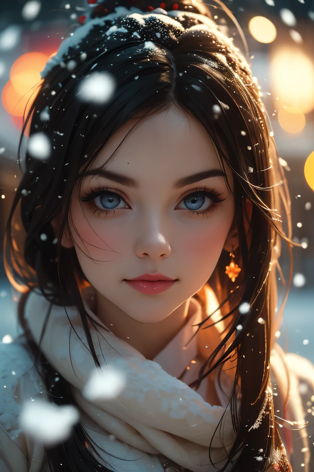 (masterpiece), best quality, bokeh, expressive eyes, perfect face, 1girl, Victoria justice, cinematic light, intricated background, close up, snowing, at a park, snow flakes,winter,