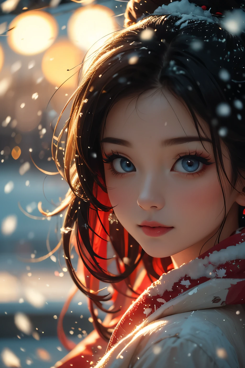 (masterpiece), best quality, bokeh, expressive eyes, perfect face, 1girl, akane tendo, cinematic light, intricated background, close up, snowing, at a park, snow flakes,winter,