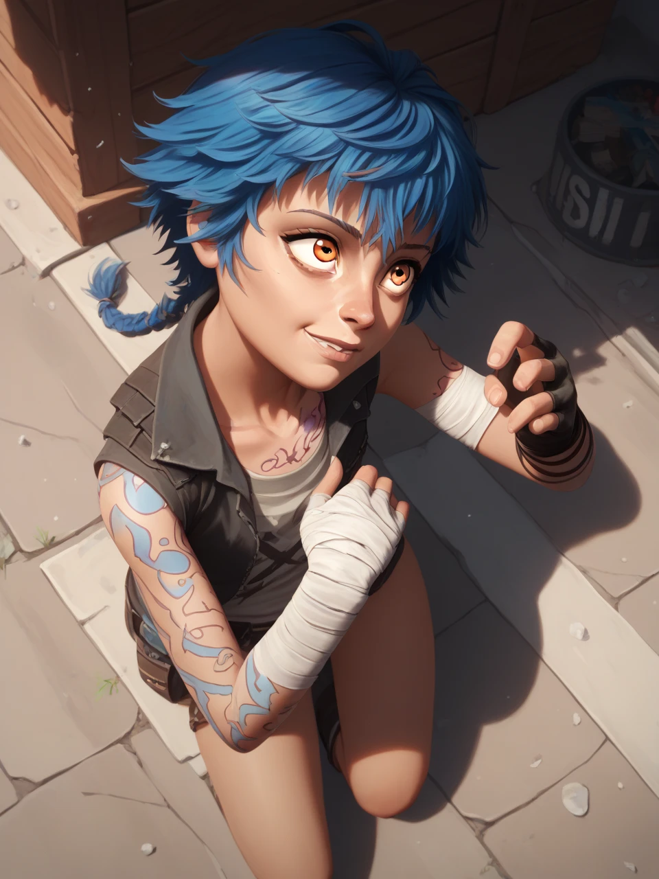  score_9,  score_8_above,  score_7_above, BREAK, Ish4  , 1 girl, Alone,  short hair,  blue hair, Braid, , parts, orAnge eyes, blows,  fingerless gloves , tattoo, bandages,  smile, aboveper body,   raises left arm, day, outdoor, Shaking,  Looking at the spectator ,  Sunlight, darkness,  natural lighting, NAKED, unclothed 