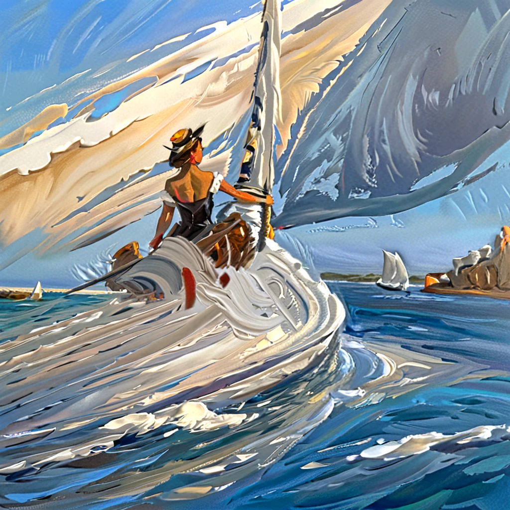 Oil painting, artwork, knife painting, a sailing ship cutting through the waves of the ocean and splashing water, the goddess of the sea guards the bow, the sailing ship's crew can be seen standing at the bow, low angle and ultra-wide angle, sophisticated design, 8K quality