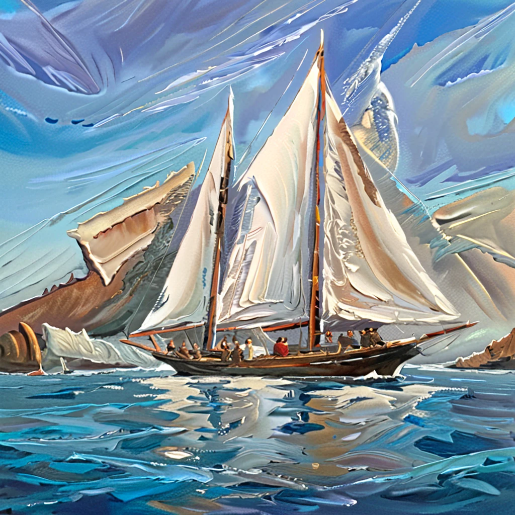 Oil painting, artwork, knife painting, a sailing ship cutting through the waves of the ocean and splashing water, the goddess of the sea guards the bow, the sailing ship's crew can be seen standing at the bow, low angle and ultra-wide angle, sophisticated design, 8K quality