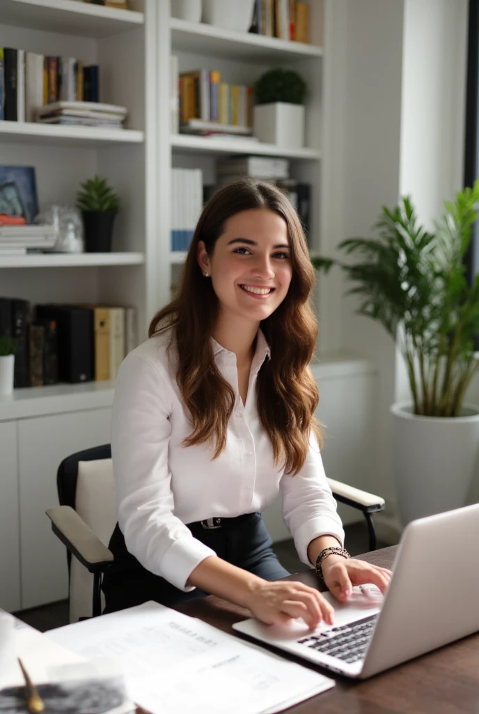 Kodak disposable camera photo of a beautiful female, smiling suggestively, sitting in an office