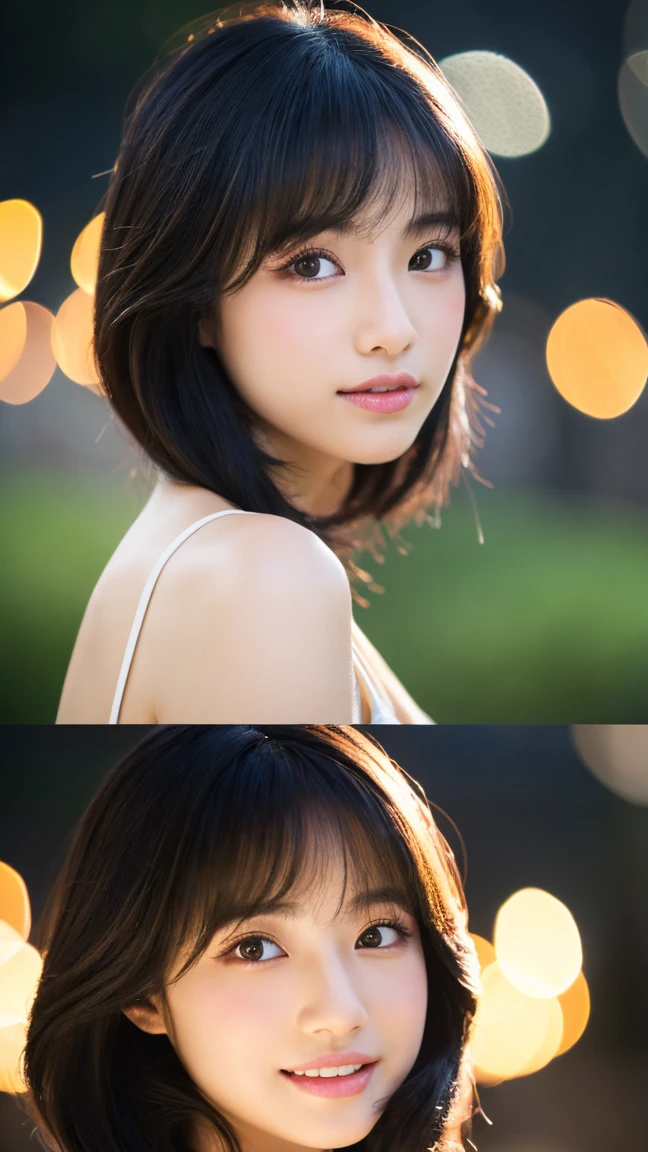 high quality、High detail、masterpiece、8K shooting、16-year-old high school girl、(Cute round face with bob cut)、Smiling Japanese person、In the summer park、night.(topless:1.5)