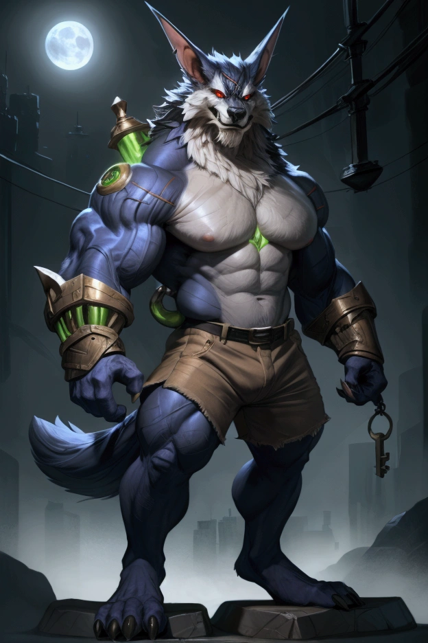 Alone, 1 lobo,  big wolf tail , eyes, 5 fingers, black nails, golden bracelets ,  FULL BODY SHOWING , (warwick lol), bodybuilder,  detailed muscles ,  defined muscles , Thick muscles,  large upper muscles,  large lower muscles , 2,34 tall, 215kg of weight ,  long legs, long arms,  brown denim shorts ,  red eyes,  pupils white,  detailed eyes, detailed teeth, confident pose, pose sexy,  looking at the viewer , confident look, Smile half open ,  eyes half tight with horniness, spectator wearing a ripped , 88 tall ,  Arcane City background at night, take the key,  a bit of mysterious fog , moonlight, take the key, 4K,  good resolution ,  perfect anatomy,  great quality , masterpiece,  good lighting , imposing shadows, por hachi duchi, for darkgem, por taran fiddler, front focus