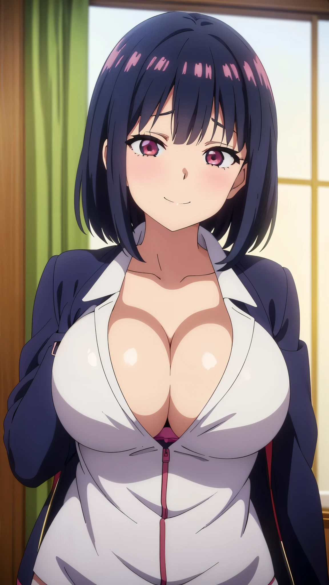 (((masterpiece))),fuyumi itadori, Anime girl characters, 1girl, solo, looking at viewer, medium hair long sleeves, cleavage, bigger breasts, closed mouth, collarbone, jacket, open clothes, open jacket, blue jacket, ground vehicle, sports bra, tall girl, horny, big ass, beautiful face,Charming,  anime visual of a cute girl, screenshot from the anime film, & her expression is solemn, ahegao face, in the anime film, in an anime, anime visual of a young woman, she has a cute expressive face, still from anime, perfect breasts, she is tall, All bodies visible, ahegao face, the face is ahegao, she is horny, A perverted face, she so perverted, she smile so perverted, hd picture, 4k quality, details of the face is so good,bigger breasts, ,change her face and make her face hd and pretty😍, make her face like nakano ichika , she is masturbating