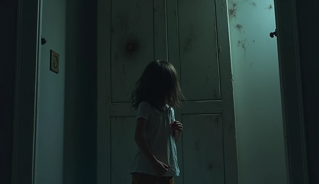(Best quality, 8k, 32k, Masterpiece, UHD:1.2) "Transform the setting into a horror movie scene where a ghost stands creepily in the background and shadows. The ghost is barely visible, shrouded in darkness, with only faint outlines and pale features illuminated by dim, eerie light. Its eyes are hollow and lifeless, staring intently, sending chills down the spine. The ghost's presence is unnerving, evoking a sense of dread and unease, as if it's silently watching and waiting."
