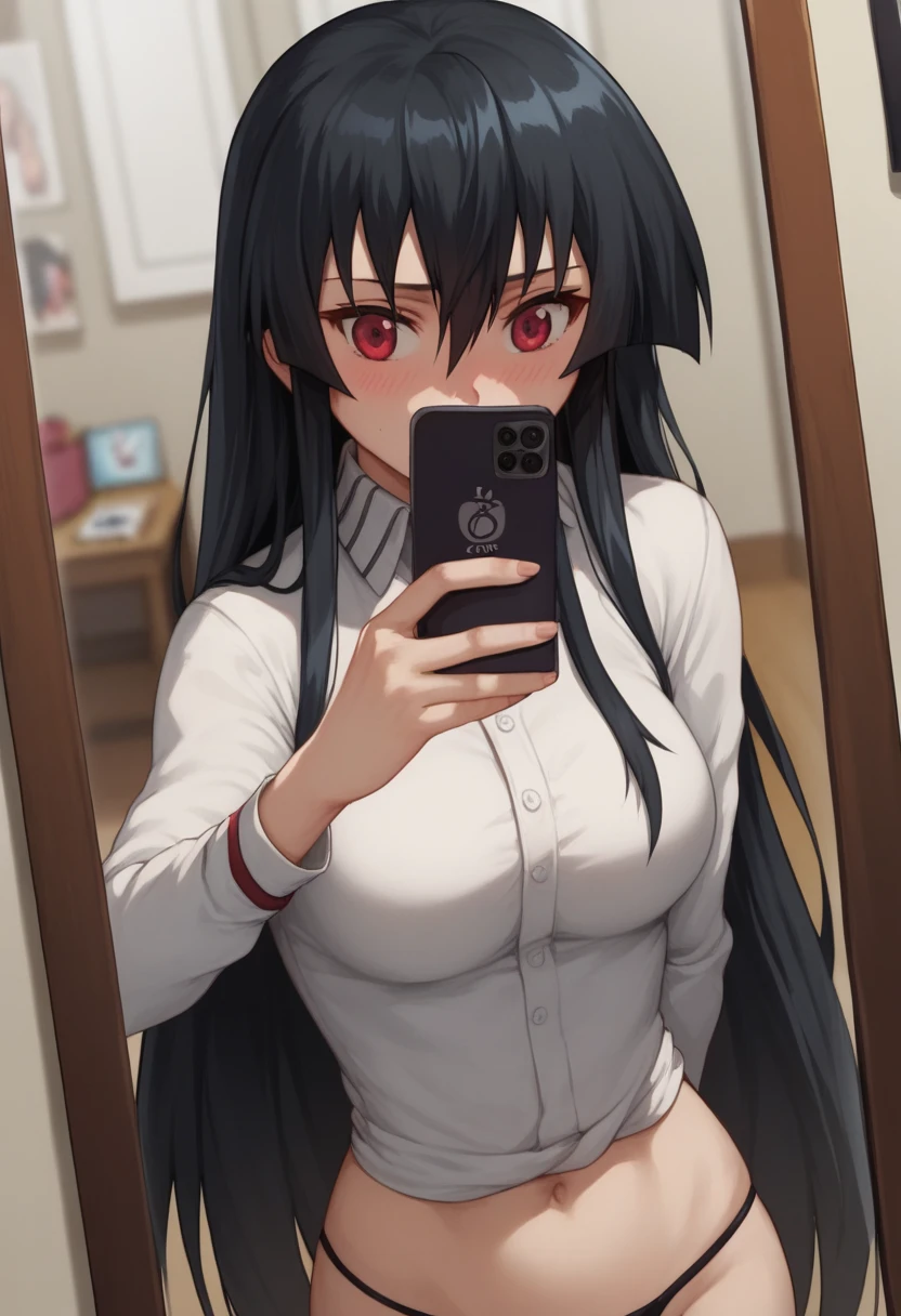 1girl,solo,akame, long hair, black hair, red eyes, hair between eyes, shirt ,Long sleeves, thong pantie, selfie, arm behind back, cellphone, covering own mouth, embarrassed, hand up, holding, holding phone, mirror, phone, reflection, smartphone