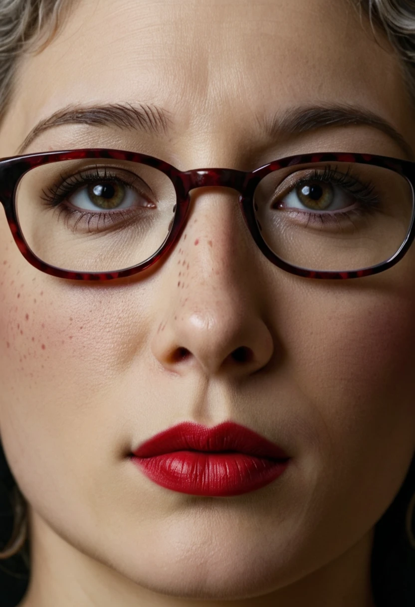 Slightly curly hair, rimless glasses, small spots under the corners of the mouth, / note lilac earrings, slightly closed mouth, red lips, surrealism, high detail, strong chiaroscuro, film graininess, panorama, ultra high-definition, precise, textured skin.