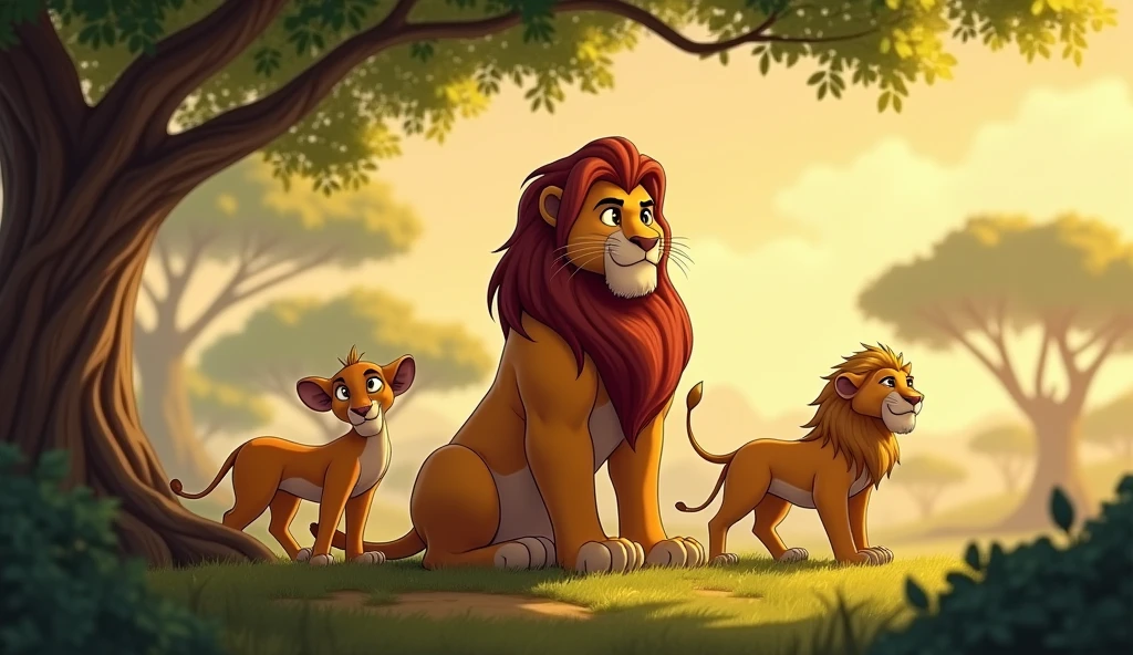 A young lion feeling more confident and roaring between his friends
