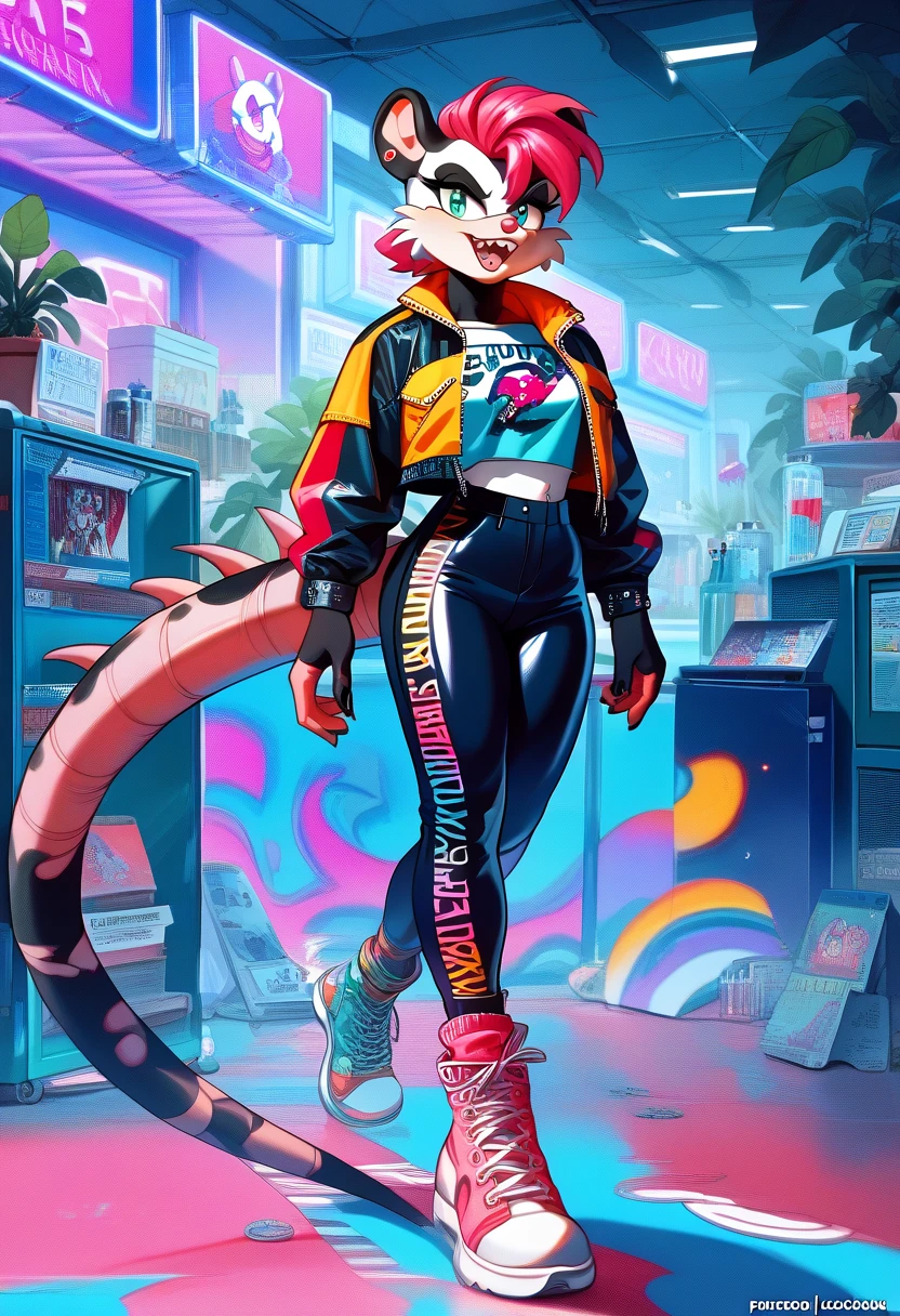 Black skin,anthro opossum, furry mobian, Sonic OC, pink nose, sharp teeth, long tail,sassy expression, swag outfit anthropomorphic, colorful, vibrant colors and tone