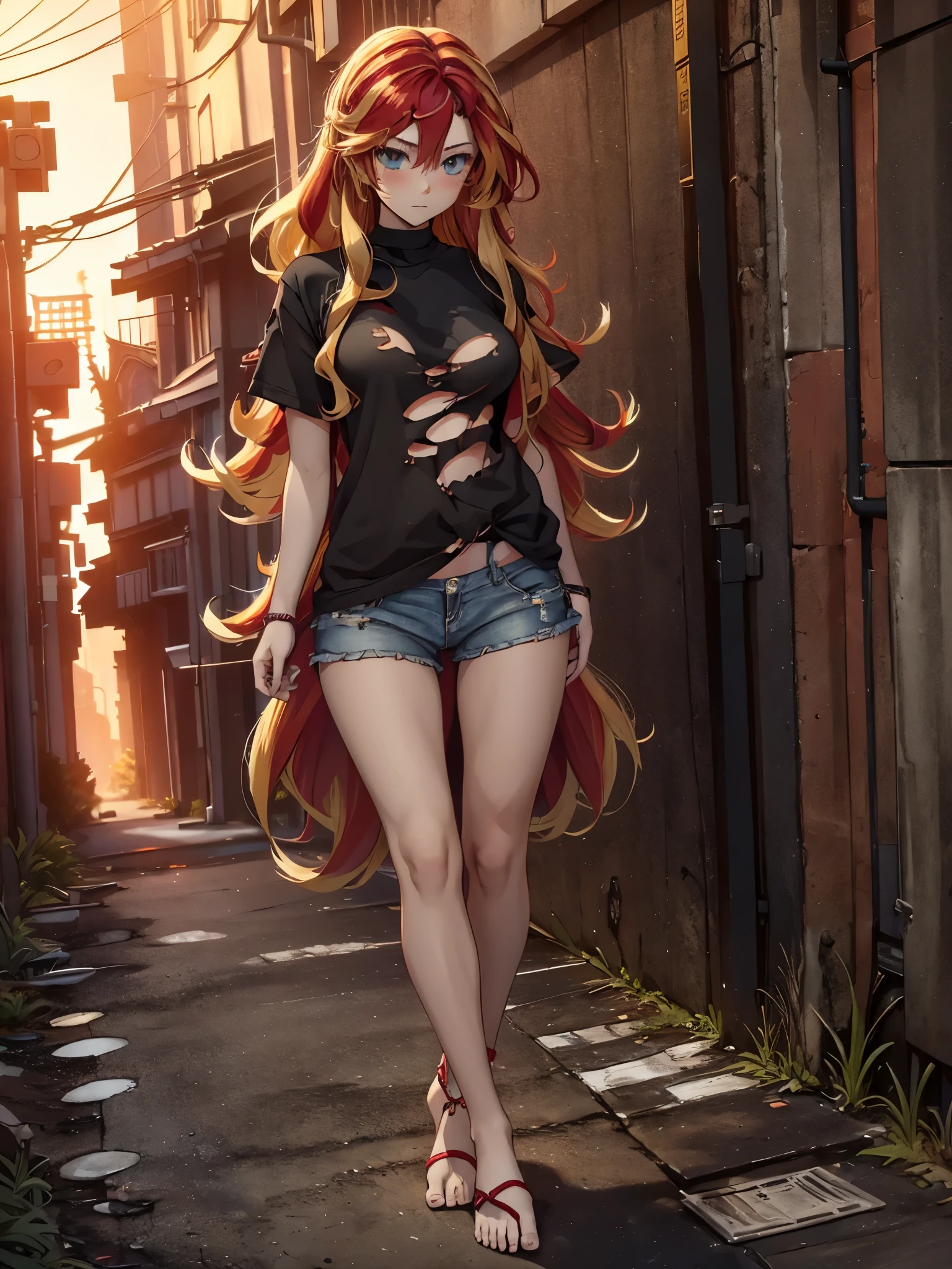 1girl, Sunsethuman, female, red and yellow hair, wavy hair, detailed feet, broken_clothes, blushing, detailed hands, perfect anatomy, standing in a dark alleyway, night