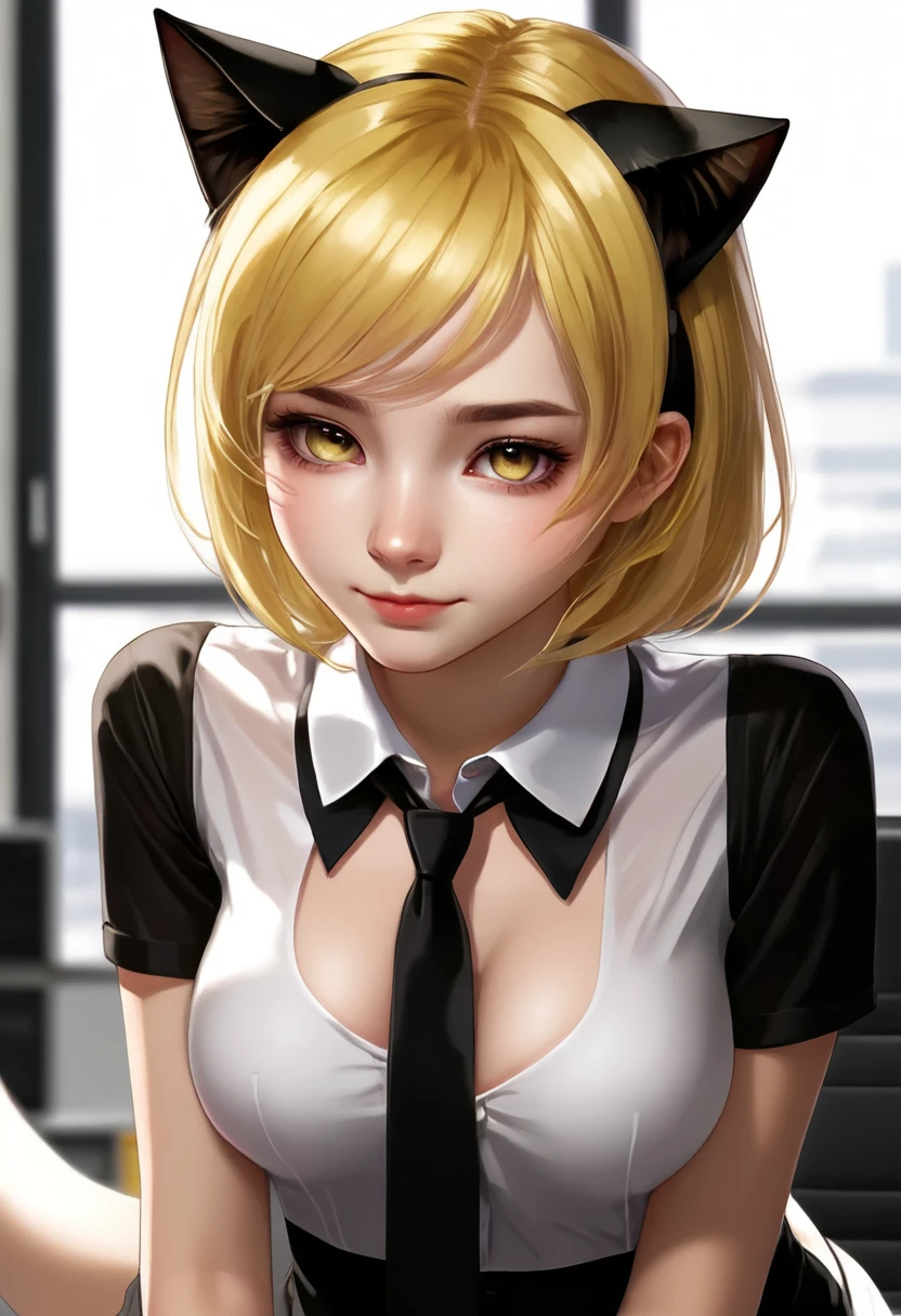 nsfw, masterpiece, (best quality:1.2), (sharp focus:1.2),, 1 girl, slim girl,, (blonde|light_yellow hair), cat ears,, detailed face, young|cute face, blush, evil smile,, natural breasts, thin arms,, white collared shirt with black tie, black choker,, in a modern office, indoor