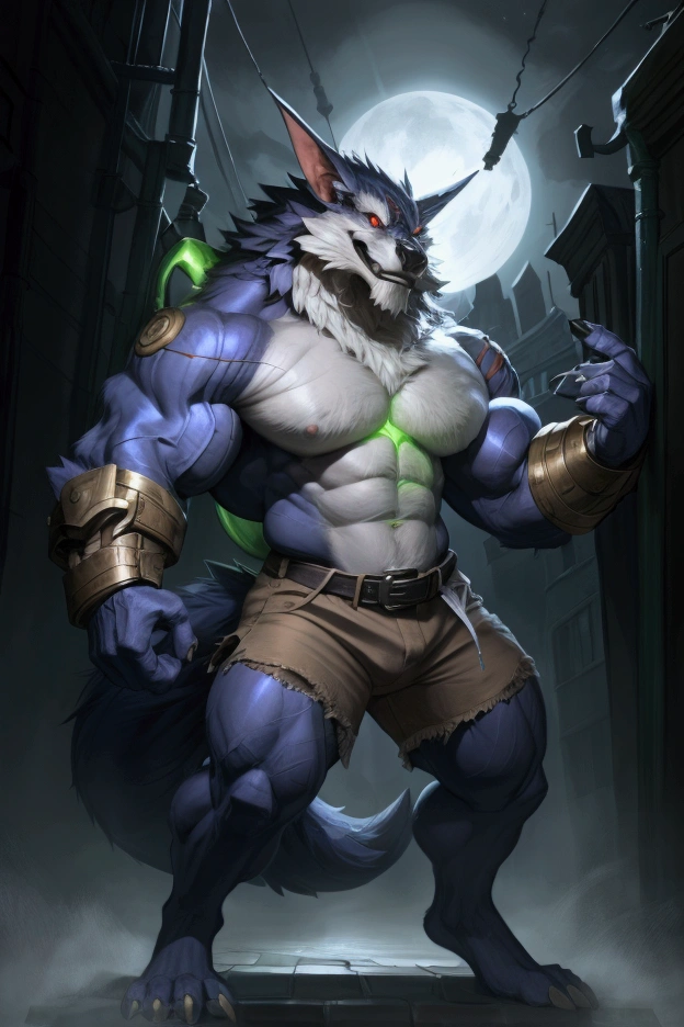 Alone, 1 lobo,  big wolf tail , eyes, 5 fingers, black nails, golden bracelets ,  FULL BODY SHOWING , (warwick lol), bodybuilder,  detailed muscles ,  defined muscles , Thick muscles, defined abdomen,  large upper muscles,  large lower muscles , well-defined thigh muscles,  defined calves, 2,34 tall, 215kg of weight ,  long legs, long arms,  brown denim shorts ,  red eyes,  pupils white,  detailed eyes, detailed teeth, confident pose, pose sexy,  looking at the viewer , confident look, Smile half open ,  eyes half tight with horniness, spectator wearing a ripped , 88 tall ,  Arcane City background at night, take the key,  a bit of mysterious fog , moonlight, take the key, 4K,  good resolution ,  perfect anatomy,  great quality , masterpiece,  good lighting , imposing shadows, por hachi duchi, for darkgem, por taran fiddler, front focus