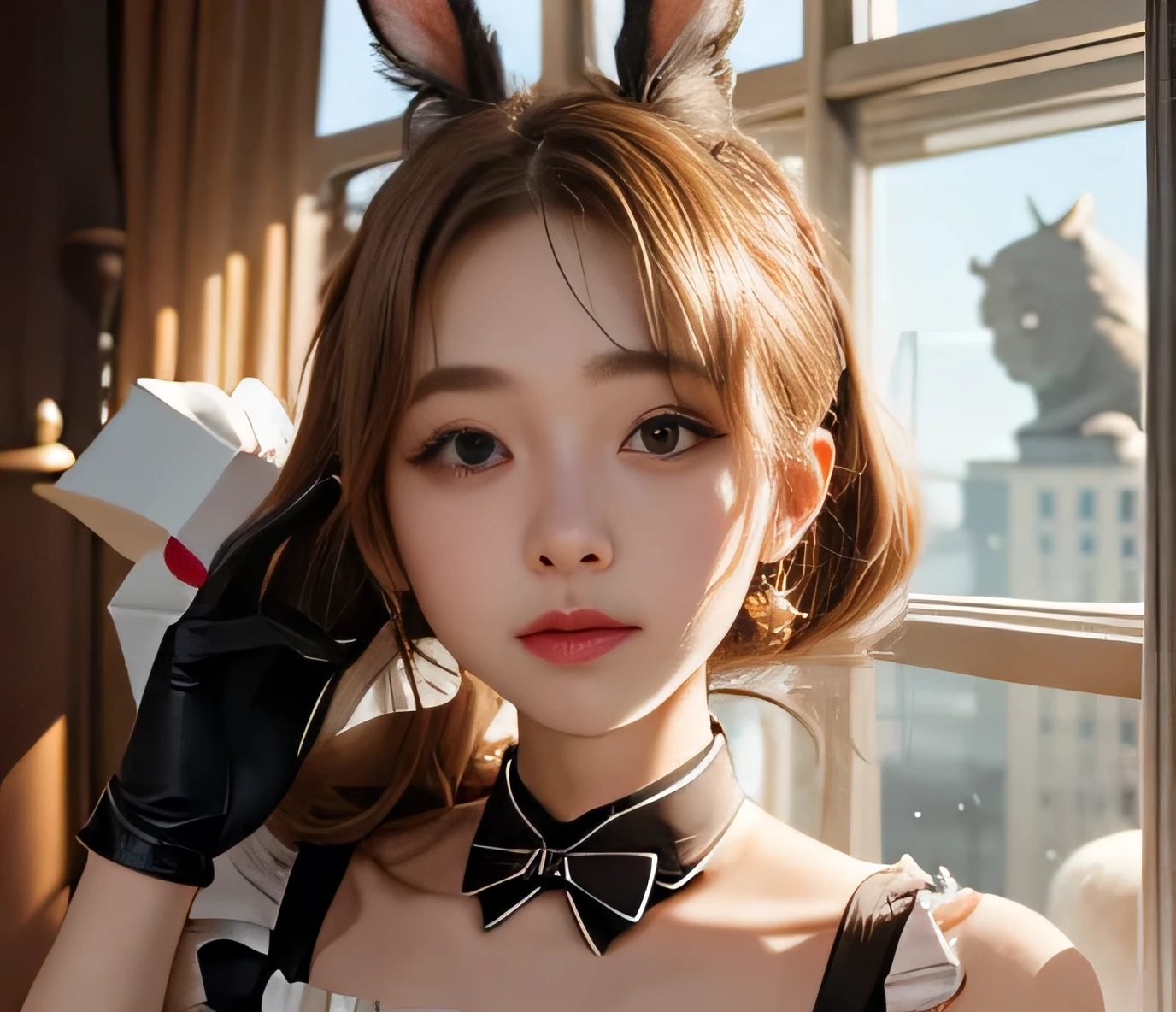 ((((masterpiece, best quality, high resolution)))), (1girl:1.5), black hair, bob cut, blunt bangs, (blue eyes: 1.5), (large breasts: 1.2), cleavage, blush, light smile, parted lips, glow, thighs, bare shoulders, collarbone, narrow waist, cleavage, (beautiful detailed face, beautiful detailed eyes), long slender thighs, perfect eyes, looking at the viewer, ((Playboy bunny suit, fake rabbit ears))