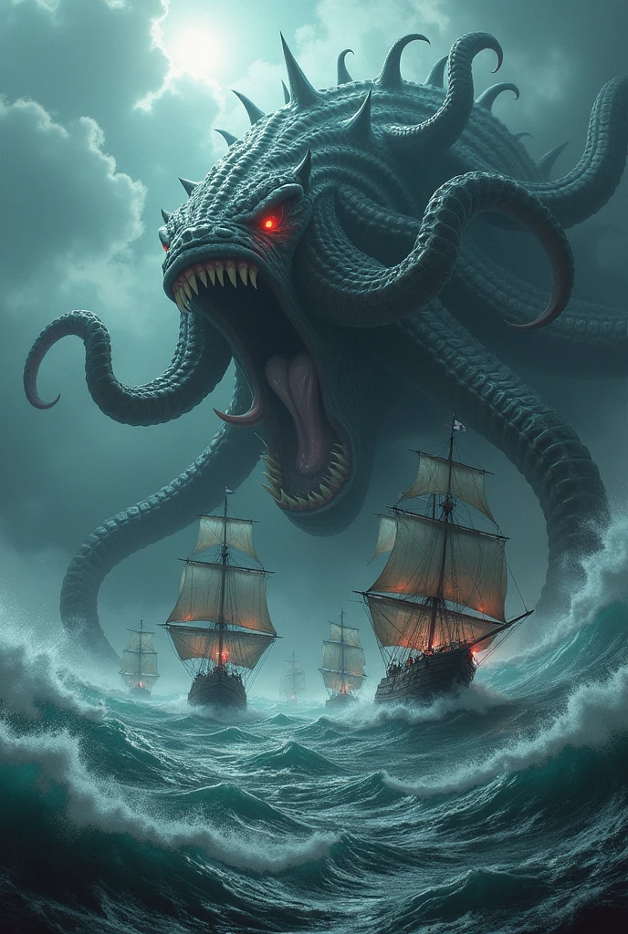 Polvo atacando um navio no oceano com um raio ao fundo, Cthulhu subindo do oceano, foto de cthulhu, tentacles rising from the sea, tentacles surrounding, Lula de Cthulhu, fundo lovecraftiano, leviathan cthulhu squid, Criatura marinha lovecraftiana, O Kraken, fenda, huge tentacles, tentacles, Horror lovecraftiano!, lovecraftian inspiration