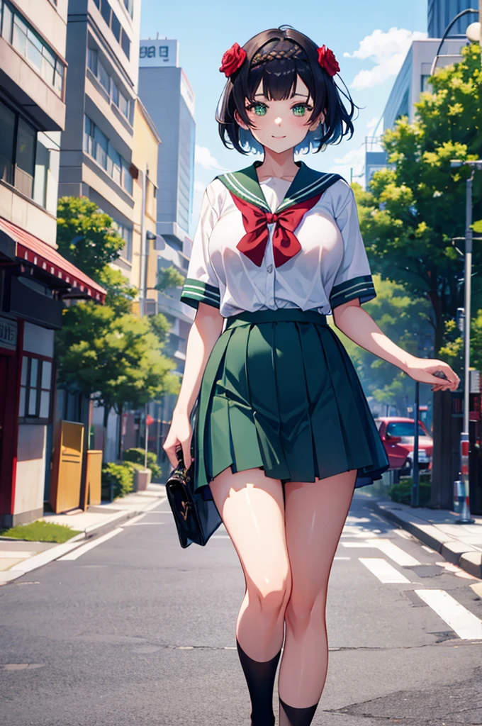 a solo beautiful shy girl , sexy girl ,noelle gi ,short hair, green eyes, braid,hair flower,red rose,big breast, wearing a japan short sleeve sailor high-school uniform , short blue skirt with black pantyhose, small pregnant belly ,eye makeup, red face,emblassing,shy , smile  , standing in a downtown city at afternoon time