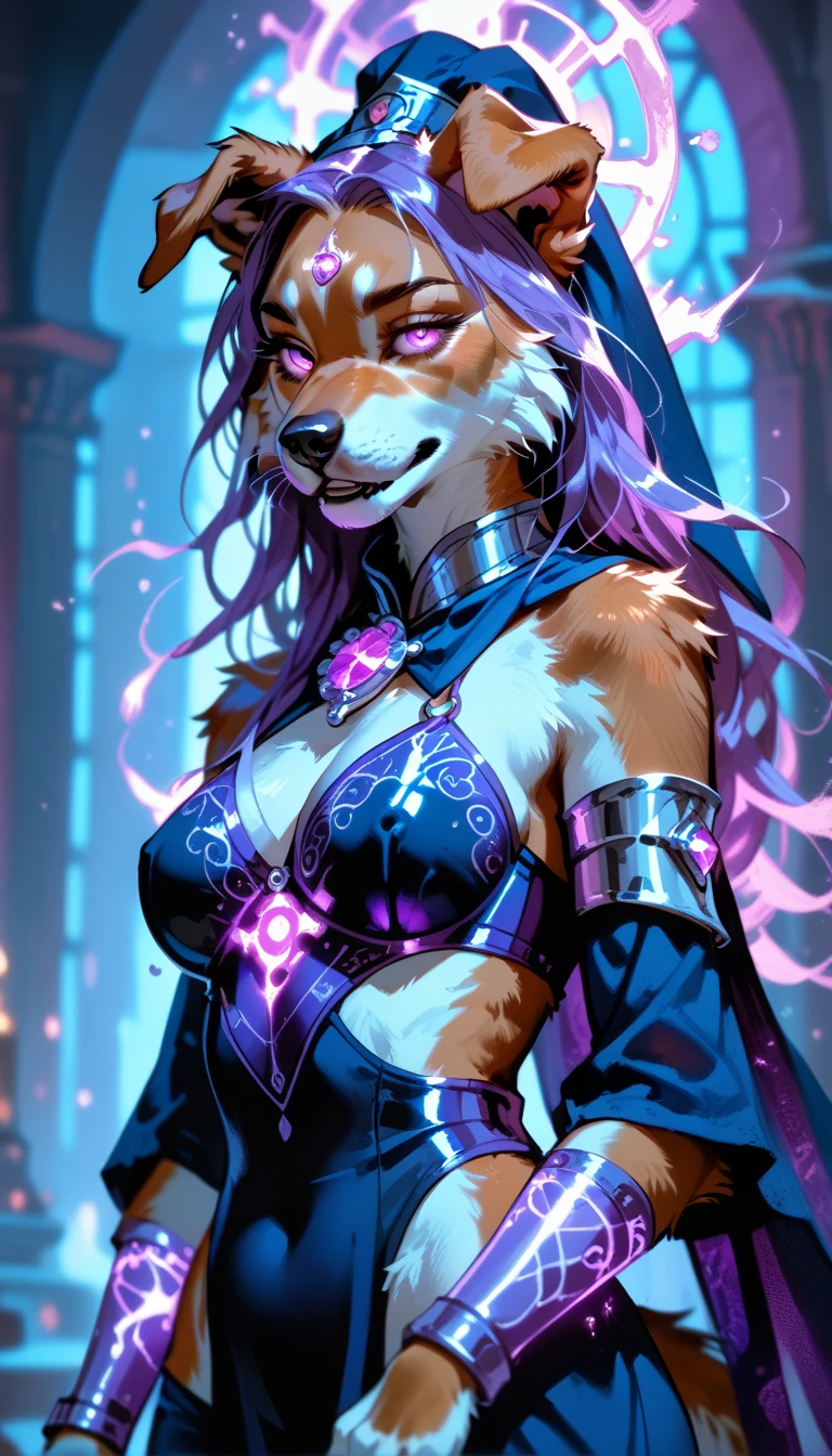 Solo, sexy dog woman, ((furry)), brown fur,  long purple hair, floppy ears, bushy tail, Canus Majori Priestess, Revealing Priestess Armor, Dog Furry, Eyes Glowing Purple, ((Glowing Purple Runes On Body, Glowing Runes On Forehead)), Channeling Purple Magic In Both Hands, 