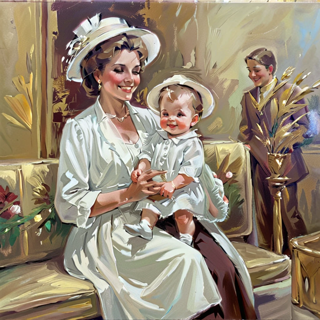 Oil painting, work of art, mother, and son portrait, smiling mother holding her young son, tenderness-filled scene, retro outfit, elegant figure, bright impression, sophisticated design, 8K quality