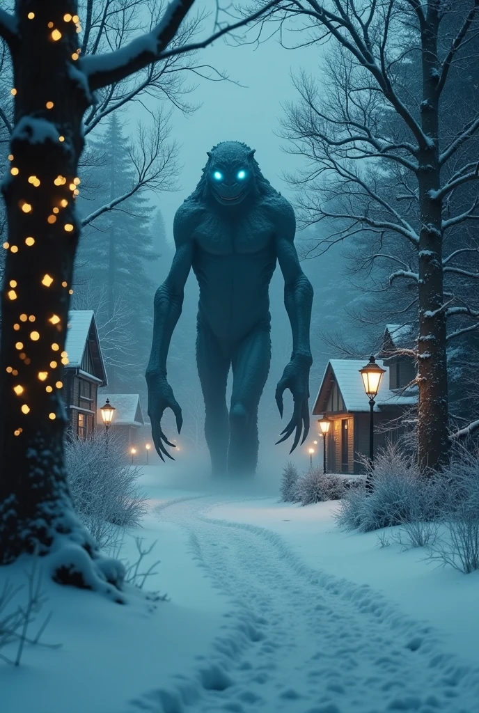 blueton monster, lurking in a serene winter scene captured through a vintage Christmas filter, blending eerie mystery with nostalgic holiday charm. The creature, towering and shadowy, moves silently among the snow-covered trees, its glowing blue eyes contrasting with the warm, golden lights of a quaint Christmas village in the distance. The scene is wrapped in soft, muted tones of blue and sepia, with subtle film grain adding a retro aesthetic. Frost clings to the edges of the frame, and faint footprints in the snow hint at the monster's silent approach. Despite its ominous presence, the atmosphere feels strangely magical, as if the blueton monster itself is a part of an ancient, forgotten holiday tale