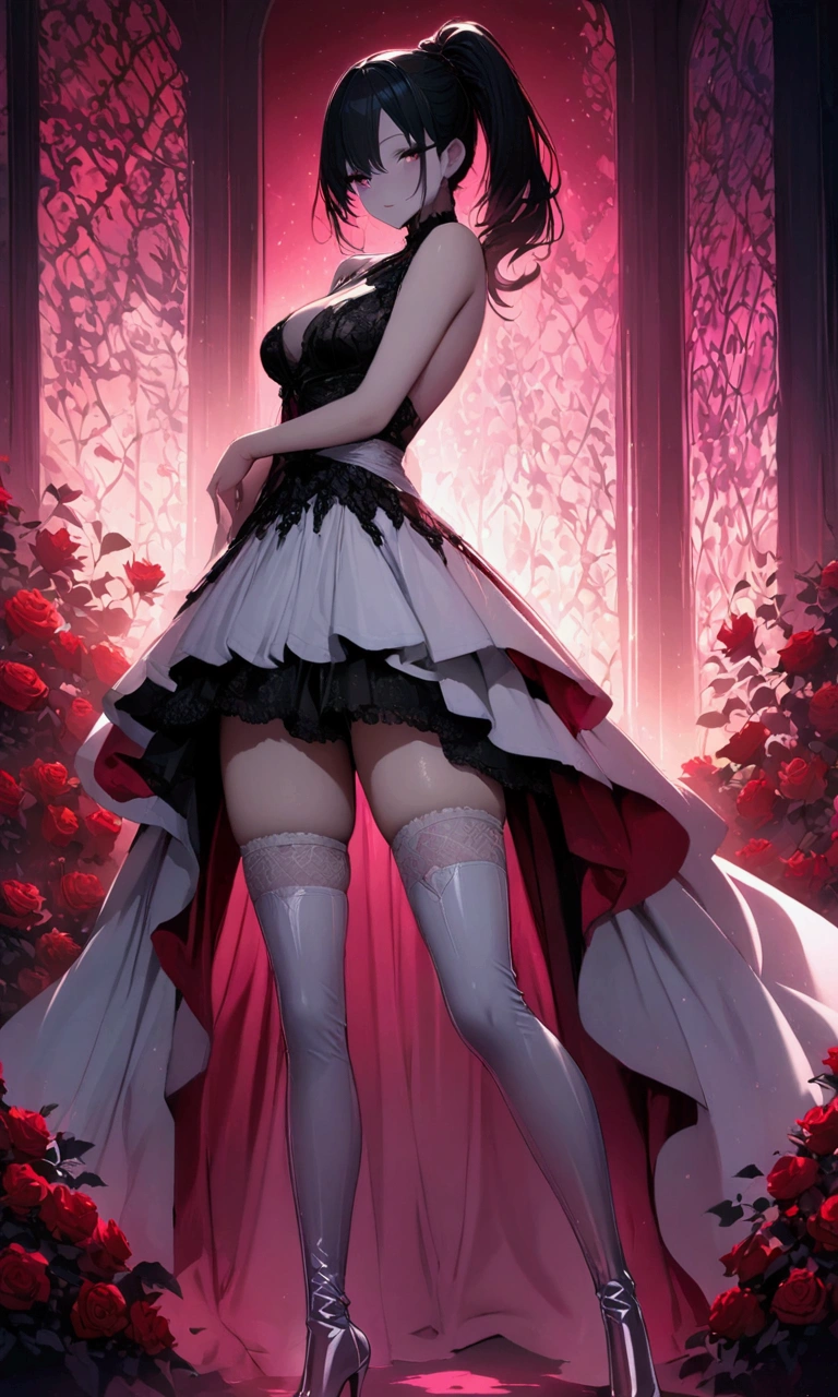 (masterpiece, best quality, highres, high quality:1.2), award winning, super detail, high details, textured skin, anatomically correct, ccurate, UHD, retina, ((4k,1080P, HD)), silver white hair, long hair, shinny hair, perfect breasts, small breasts, charming and stunning woman, attractive beauty, pantyhose black, ((black Cloak)), high heels, ((Crimson red Eyes)), crimson throne, crimson palace, (crimson lightning),((perfect anatomy)), ((1girl)), perfect hands,black gloves, ((standing)), ((crossed arms)), (mature young woman), cute girl, beautiful girl, ((high shot angle)),black short skirt, (perfect legs), ((beautiful and stunning young girl, attractive girl)), ((perfect body, sexy body)), (((full body))),((ultra_detailed)), ((standing straight)),