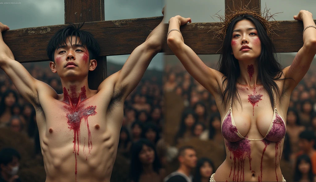 Photograph the upper body、1 girl, realisitic, Raw photo, japanaese girl, (fullnude:1.9), (beautiful countenance:1.4), 18year old, bobhair, Black hair、(Crucifixion to a burning cross engulfed in flames on stage:1.8), (Tied to a cross with barbed wire:1.5), not any dressed、(enthusiastic crowd:1.2)、Witch trials