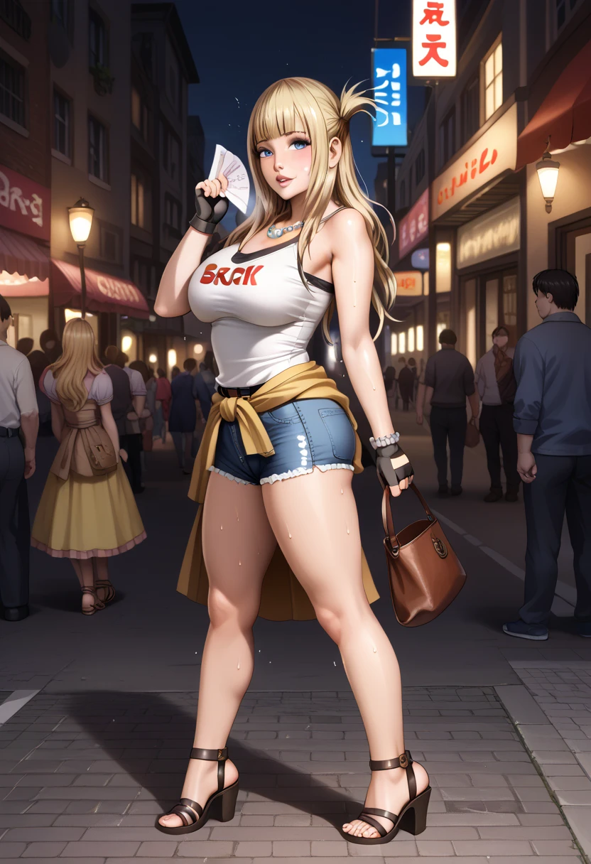 BREAK ( Highly detailed CG Unity 8k wallpaper, top quality, super detailed, masterpiece, realistic, photorealistic, highly detailed, BREAK 1girl, Kaguya Kawasumi, japanese girl, (20 years old), ultra-detailed face, highly detailed lips, double eyelids, blond hair, long hair, with bangs, huge breast, sexy buttocks, fighter, (light gray tank top with text:1.2), (blue denim fabric hotpants:1.2), (Buddhist prayer beads necklace), sexy body, sandals, brown wide belt around waist, black arm band, (black short fingerless gloves),  BREAK(full-body shot:1.2),sweat,walk, BREAK outdoors, medieval city main street, crowd,night,road,