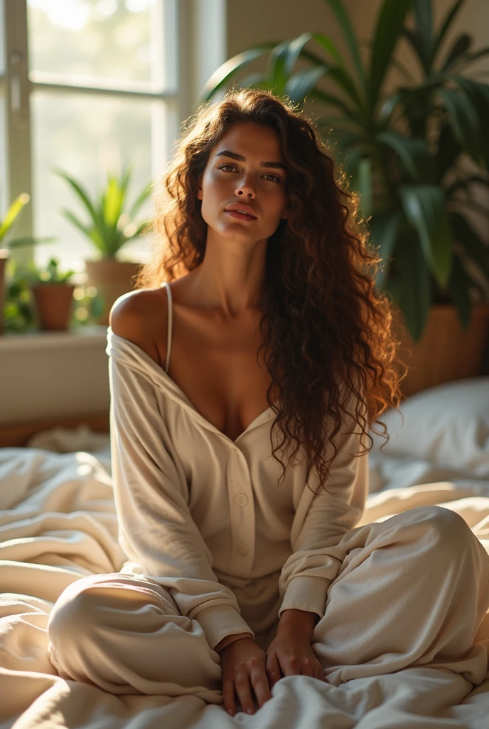 (photorealism:1.2), beautiful woman, sitting on bed, wearing loose off-shoulder top, pajama pants, long curly hair, indoors, soft lighting, plants in background, window with sunlight, cozy room, relaxed pose, realistic, intricate details, warm colors, by Greg Rutkowski, by Alphonse Mucha