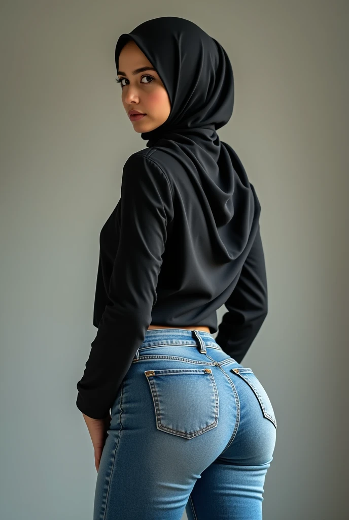 RAW photo,flash,hazy atmosphere,35mm focal lenght,fashion shoot,candid photograph,artistic,photograph of a beautiful,influencer,30yo Moroccan woman,hijab,detailed skin,fully naked,thick body,looking at viewer, candid pose,standing in front of a grey wall,flash photo,blue light, film grain, kodak color, instagram LUT