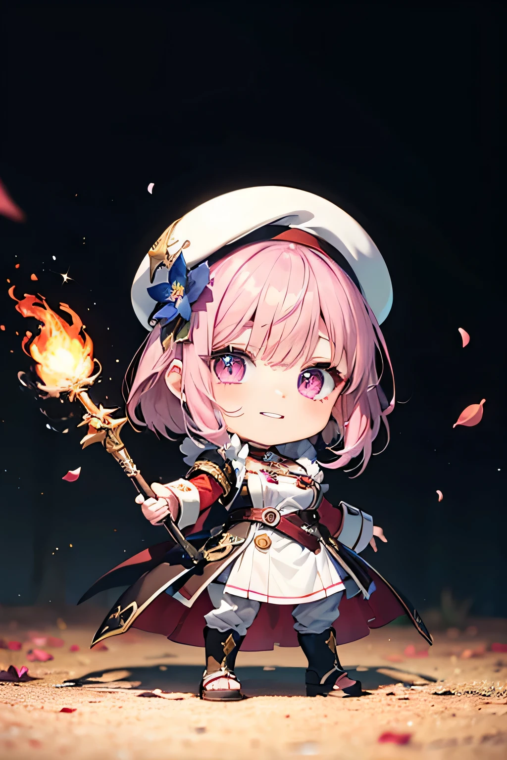 Maid girl without a cheerful headdress ( showing teeth), standing,  pink hair color, combat pose,  mmorpg background ,  mmorpg background (A stranger), complete anatomy,   graphic effects ,  ornament of an accessory shaped like a flower on her head, aura, white beret, height 159 cm  ( 5 feet 3 inches ), hard fists ,  caste summoning circle ability Guillotine Fist((kanji)( ragnarok online ), Blue Fire Force +vapor,  fire around, strong breeze ,  sakura petals and leaves, primera persona, blush,  Looking at the spectator , Charm, Pausa de toque ciego  Looking at the spectator ,  anime style very detailed face, 8K, light and shadow effect.  masterpiece,  The best quality , fullbody, Chibi, , (change:1.2), Nendoroide, PVC models 