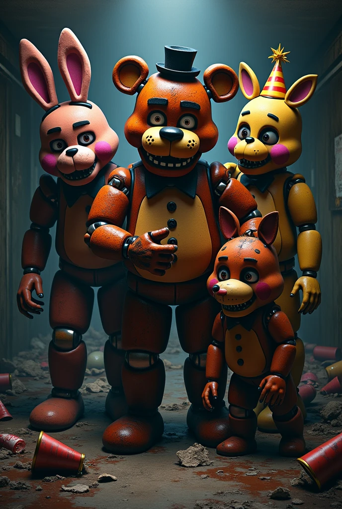 Disco with colorful dance floor in an abandoned pizzeria, with old and terrifying animatronics and blood-stained Five Nights at Freddy's foxy and chica looking at me