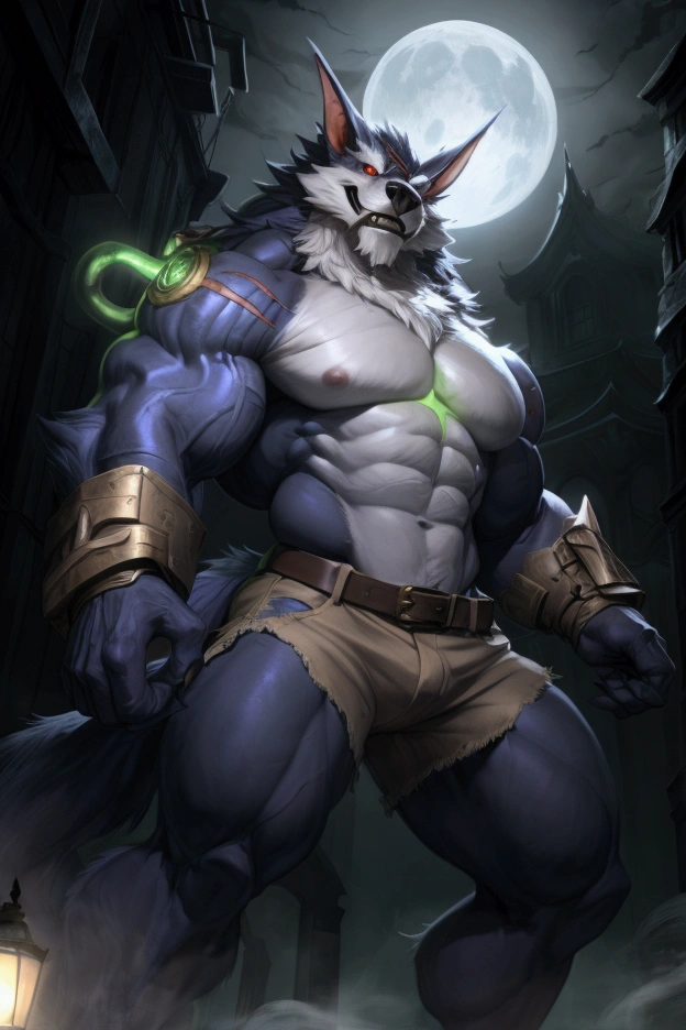 Alone, 1 lobo, eyes,  big wolf tail , eyes, 5 fingers, black nails, golden bracelets ,  FULL BODY SHOWING , (warwick lol), bodybuilder,  detailed muscles ,  defined muscles , Thick muscles, defined abdomen,  large upper muscles,  large lower muscles ,  well defined thigh muscles,  defined calves, 2,34 tall, 235 kg of weight ,  long legs, long arms,  brown denim shorts ,  red eyes,  pupils white,  detailed eyes, detailed teeth, confident pose, pose sexy,  looking at the viewer , confident look, Smile half open ,  eyes half tight with horniness, spectator wearing a ripped , 88 tall ,  Arcane City background at night, take the key,  a bit of mysterious fog , moonlight, take the key, 4K,  good resolution ,  perfect anatomy,  great quality , masterpiece,  good lighting , imposing shadows, por hachi duchi, for darkgem, por racoon21, front focus, low angle