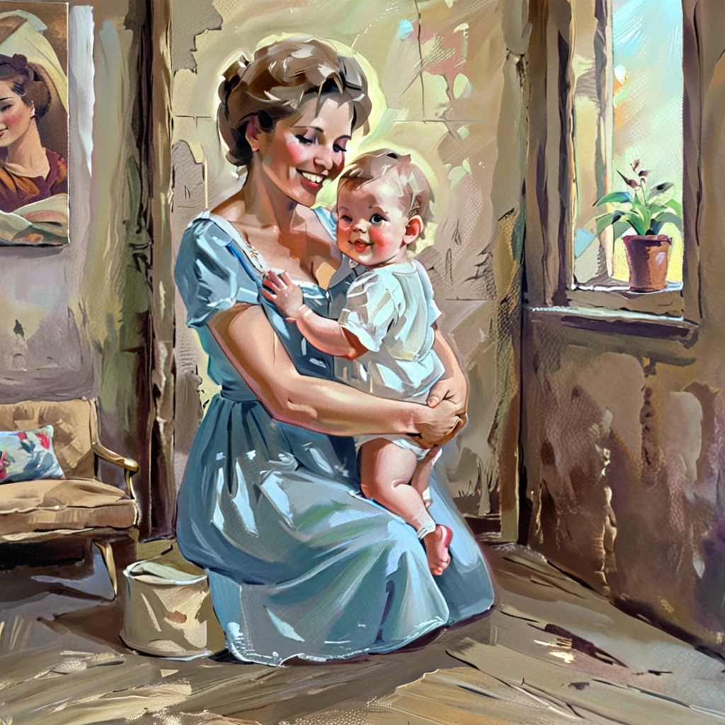 Oil painting, artwork, portrait of mother and son, smiling mother holding her young son, tenderness-filled scene, simple and retro clothing, poor but cheerful people, inside a shabby house in the downtown area, bright impression, sophisticated design, 8K quality