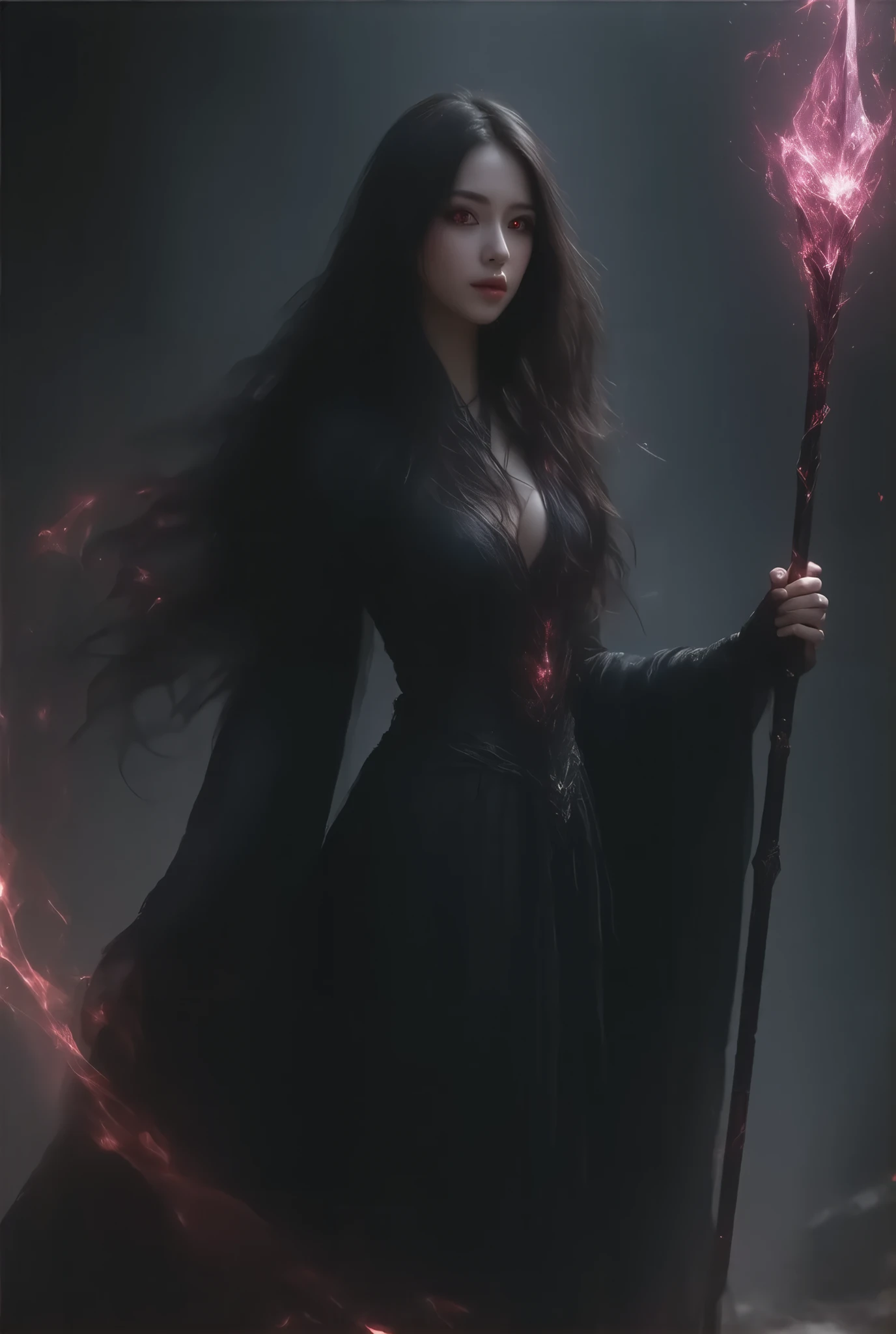 (8k, top quality, Masterpiece , Final Fantasy Style: 1.2), ( realistic , photo realistic : 1.37), super detailed, one sexy girl, { Dark Mage with Light }, Wide viewing angle , (beautiful and huge bouncing firm ample breasts, deep cleavage:1.5) and a huge waist, sexy long legs, full body view, , Very delicate depiction , MINIATURE PAINTING , Detailed facial depiction , Detailed depiction of hair, correct skeleton, dark mage, dress with intricate pattern, sexy Complex mage dress, Long magician's wand engulfed in flames, Dreamy, A surreal mixed fantasy world,Combination of realistic and fantastical elements , magical effects ,(Terrestrial Magic Rim , cast magic , swirling magic , Particles of light), Dynamic Light ,red,, red eyes, Elegant ,Rays of Sin,dark,(Dark Magic), (strict), The Battle Between Good and Evil, ( Swirling Fire:1),universe, thunder, eruption, Magic Rim, Complex Patterns , ( Calling Phoenix :1.4), (Colossal Mother Crystal , Huge Flame:1.2)