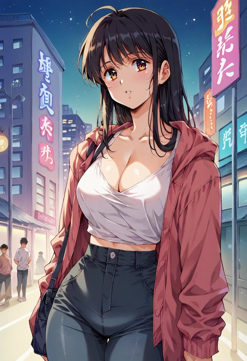 A black-haired woman looking out over the city of Tokyo,Night starry sky,Streetscape、listen to music、Japanese　Black Hair　Cleavage Skyscraper City　Wear a white カッター