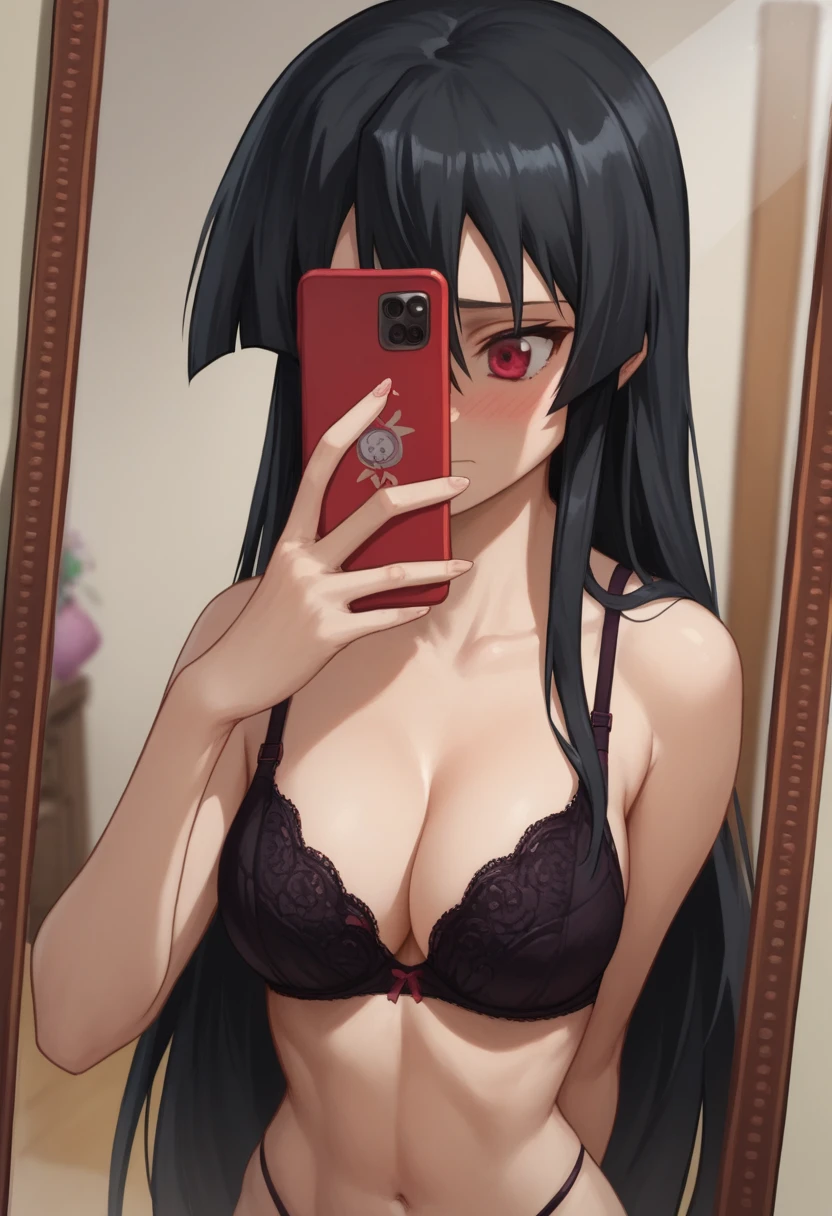 1girl,solo,akame, long hair, black hair, red eyes, hair between eyes, bra , thong pantie, selfie, arm behind back, cellphone, covering own mouth, embarrassed, hand up, holding, holding phone, mirror, phone, reflection, smartphone