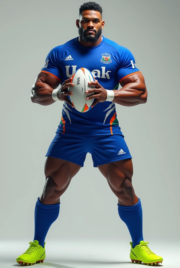 ((highest quality)), ((masterpiece)), (detailed), ((Perfect Face)), 4k, Shaved head, Young Japanese, Muscular, Fat body, Very big man, smile, ((showing off crotch))A large Japanese man shirtless、whole body、Rugby、Thick legs、Thick arm muscles、Intimidating、whole body、((wearing a very very short tight rugby-shorts))、black shorts