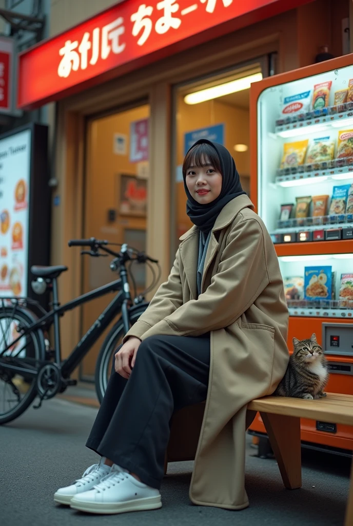 Create a full-body, cinematic portrait of an Asian girl wearing a hijab and a pea coat jacket, sitting on a wooden bench in front of a vending machine, outside a ramen shop. She is wearing white sneakers and is accompanied by a cute cat. A bicycle is parked behind her. The scene captures the essence of Tokyo street fashion and Japanese Western street aesthetics. Use a front view composition with a focus on the Rule of Thirds. The girl should be smiling, looking at the camera, with natural light illuminating the scene to highlight her cheerful expression. The style should be contemporary and fashion-forward, suitable for advertising or promotional imagery.