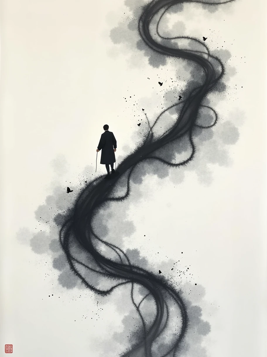 Ink Painting，由霓虹烟雾形成的dream山及山顶的楼阁， Strong contrast of light and dark ， The lines are as soft as a stream of water and are naturally long ，Stream of consciousness，Minimalism，Ink mood， Smoke Texture ，dream，open，Aesthetic，Smear，brushed，Zen，Ethereal，Rational composition ， Classy，Extremely detailed， Activity Tracker，  Strong contrast of light and dark ， 8k resolution