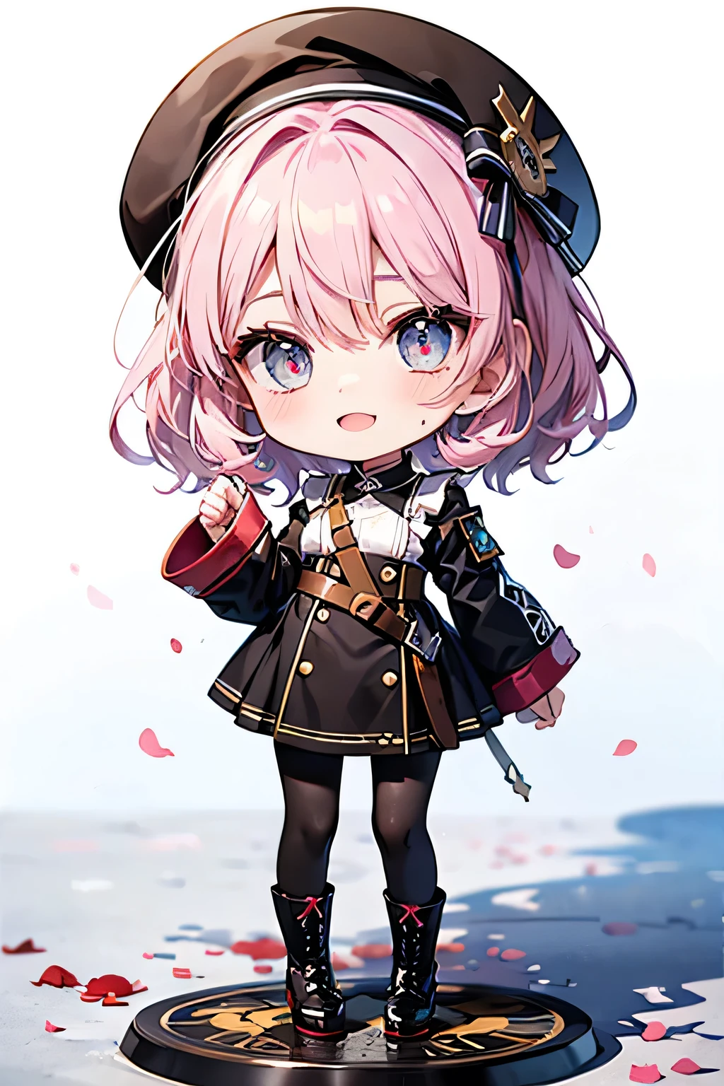 Maid girl without a cheerful headdress ( showing teeth), standing, pink hair color, combat pose, mmorpg background , mmorpg background (A stranger), complete anatomy, graphic effects , ornament of an accessory shaped like a flower on her head, aura, white beret, height 159 cm ( 5 feet 3 inches ), hard fists , caste summoning circle ability Guillotine Fist((kanji)( ragnarok online ), Blue Fire Force +vapor, fire around, strong breeze , sakura petals and leaves, primera persona, blush, looking at the spectator , Charm, Pausa de toque ciego looking at the spectator , anime style very detailed face, 8K, light and shadow effect. masterpiece, The best quality , fullbody, Chibi, , (change:1.2), Nendoroide, PVC models