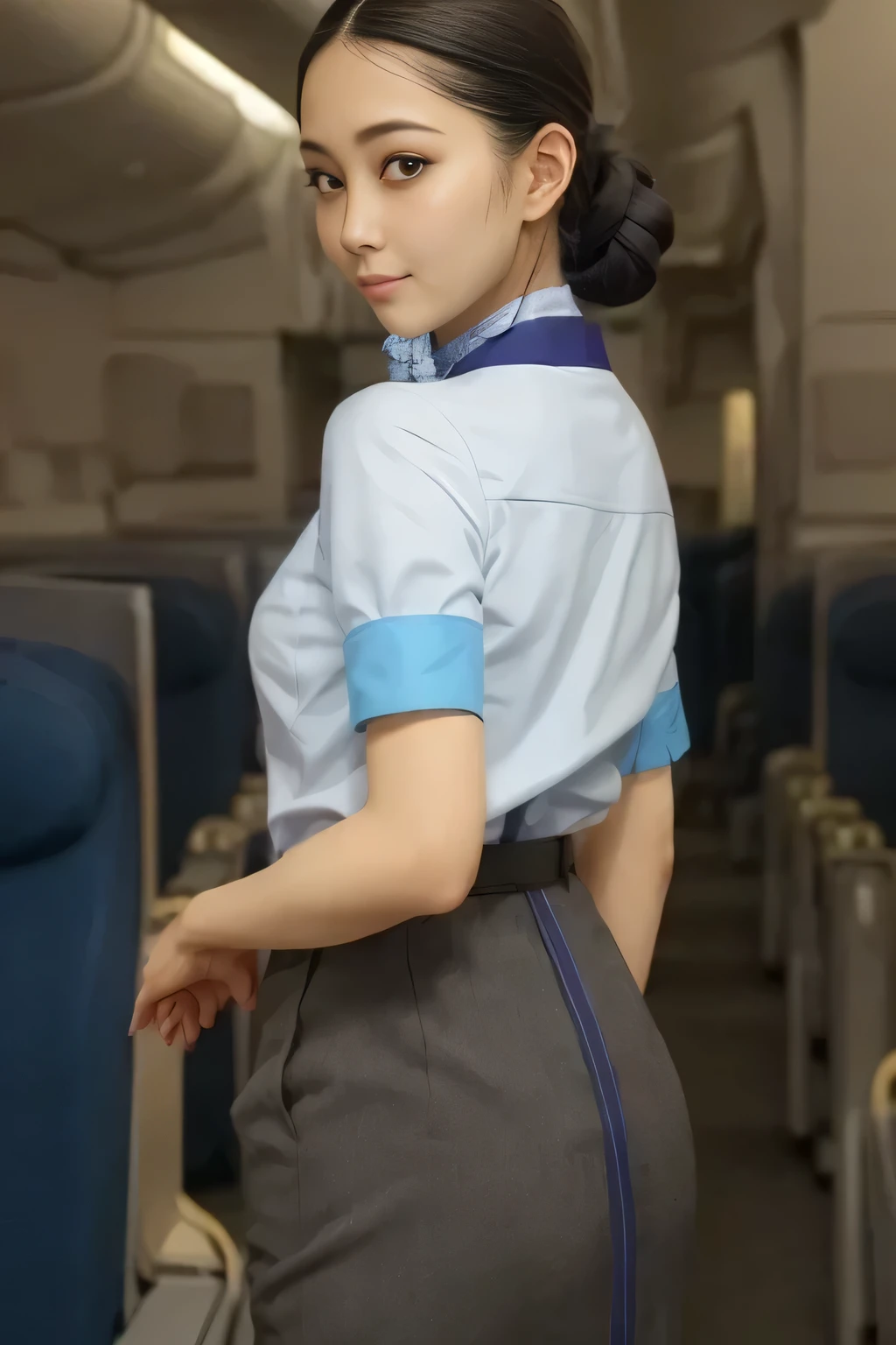 (masterpiece:1.2,  top quality:1.2), 32kHDR,  high resolution for loosely aligning legs , (Alone、  1 girl)、（ Rooftop of a building during the day 、 Professional Writing ）、  in the background of the roof of the building  、（ANA cabincrew uniform blueを着たリアルスタイル）、（（ ANA flight attendant uniform blue short sleeve blouse  、 ANA flight attendant uniform blue skirt with blue lines on the back、 Scarf around the neck ））、  lots of dark brown hair  、（  long hair、Hair tied up、Hair tied up,  braid summary hair  ）、  lots of dark brown hair  、Long Hit、Big Breasts、Thin legs、（（ Amazing hands ：2.0）），（（  harmonious physique with the roof of the building in the background  ：1.5）），（（Normal limbs：2.0）），（（The usual ：2.0）），（（  Delicate Eyes：2.0）），（（Normal eyes：2.0））)、smile、（ANA cabincrew uniform blueを見せた美しい後ろ姿）、Hands folded under the body  