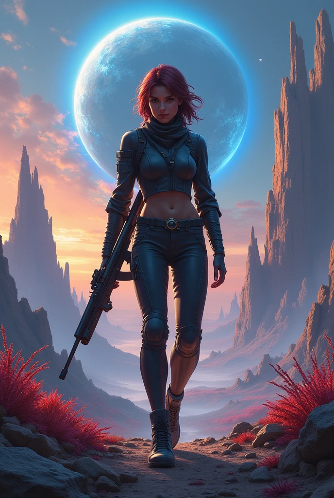 an attractive woman [gunslinger:bounty hunter:0.4] standing in a apocalyptic wilderness (retrowave style:1) <lora:djzRetroTide_LB2:0.8>